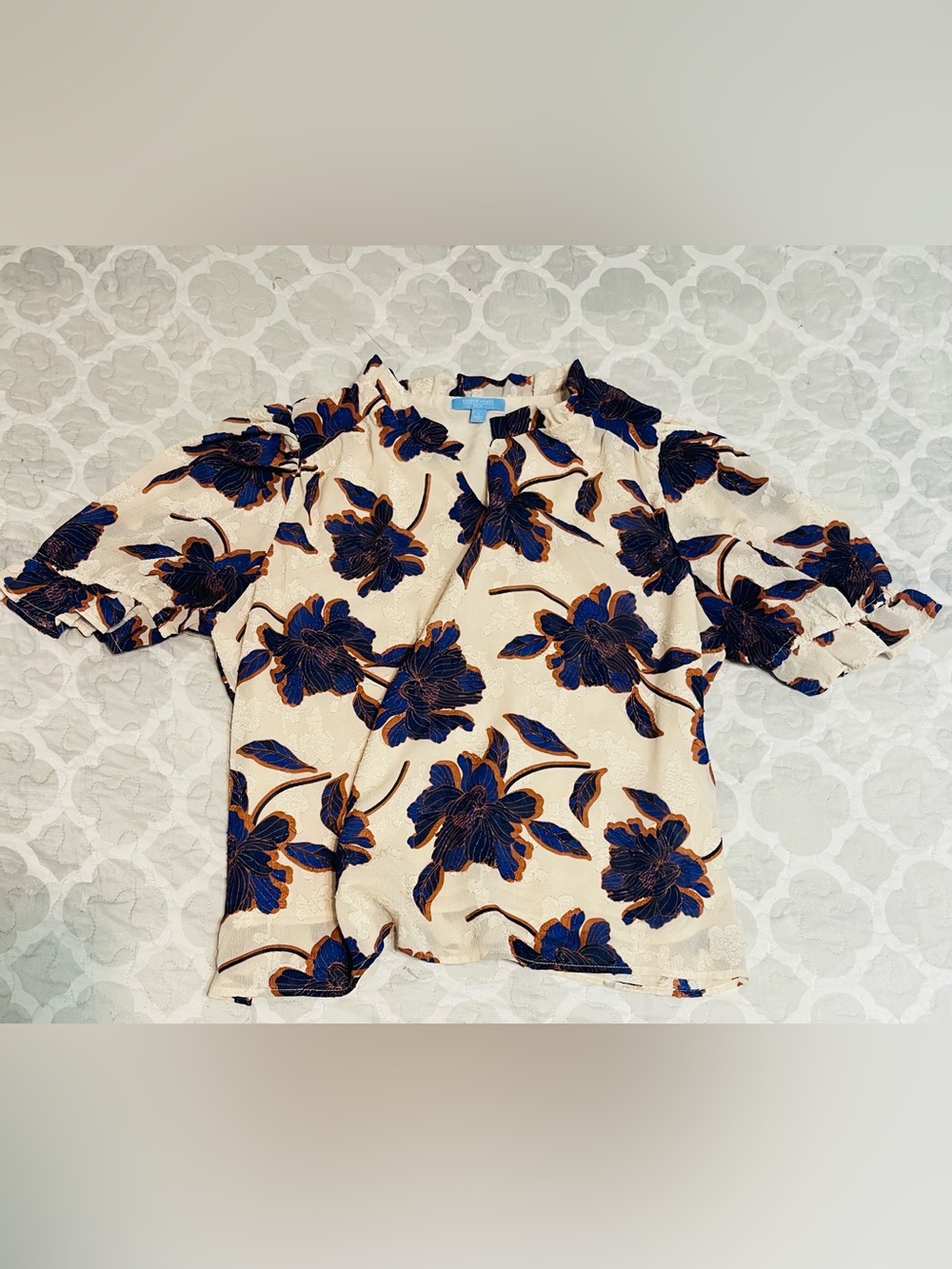 Draper James Short Sleeve Floral Shirt - Cream with Navy & Brown
